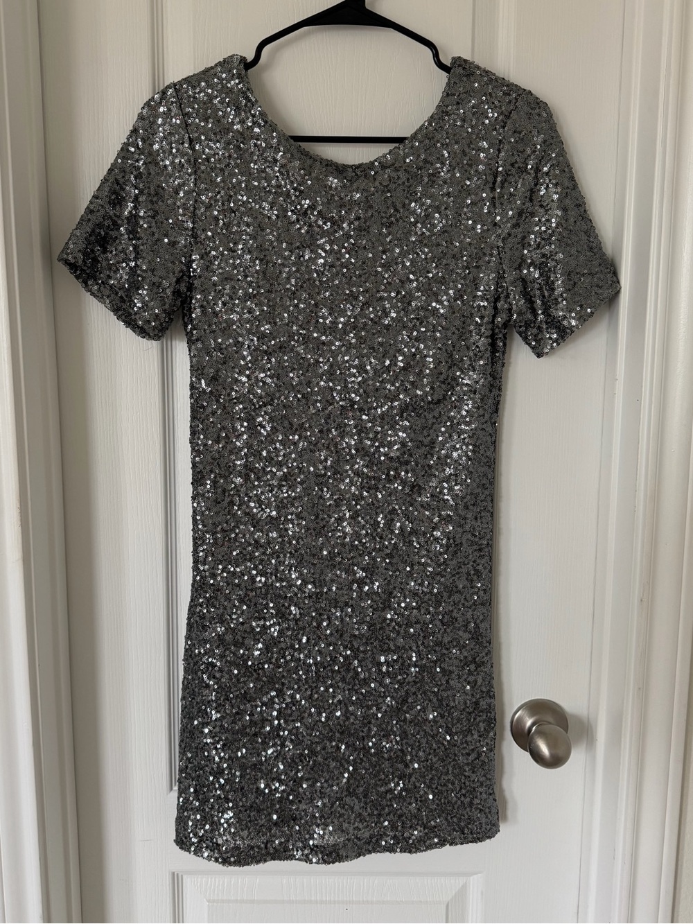 Silver Sequin Short Sleeve Sheath Dress